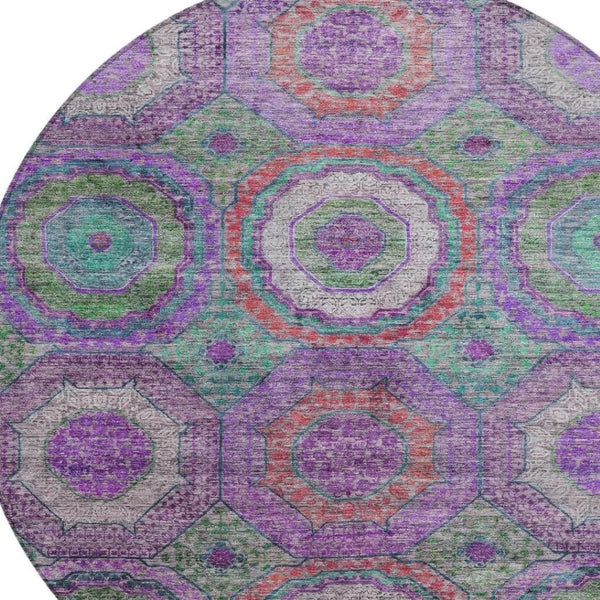 HomeRoots 8' Vibrant Round Geometric Area Rug in Purple, Teal, and Lime Green - Perfect for Indoor/Outdoor Use 630203