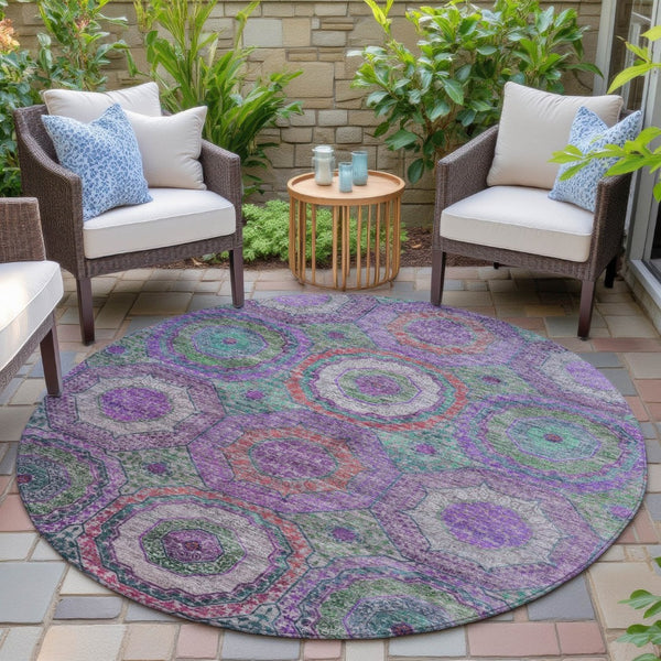 HomeRoots 8' Vibrant Round Geometric Area Rug in Purple, Teal, and Lime Green - Perfect for Indoor/Outdoor Use 630203