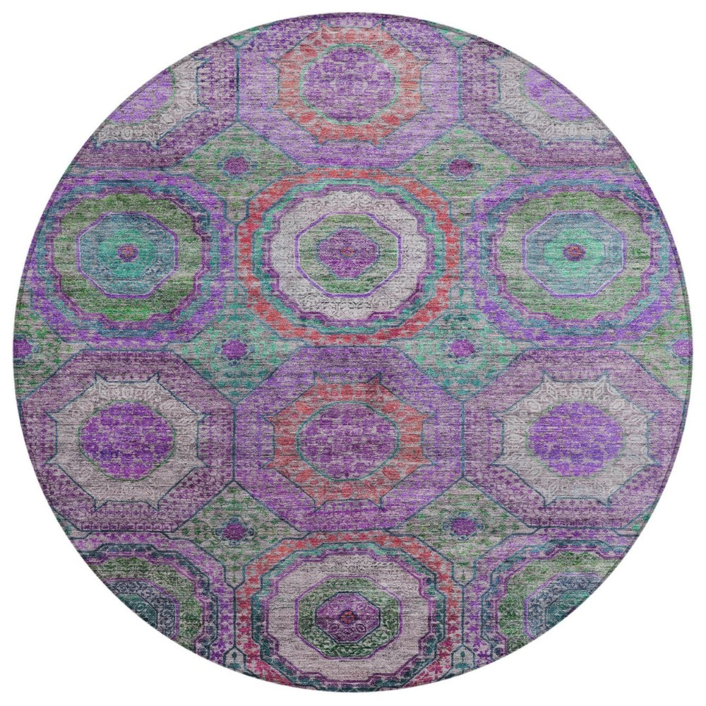 HomeRoots 8' Vibrant Round Geometric Area Rug in Purple, Teal, and Lime Green - Perfect for Indoor/Outdoor Use 630203