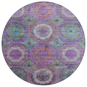 HomeRoots 8' Vibrant Round Geometric Area Rug in Purple, Teal, and Lime Green - Perfect for Indoor/Outdoor Use 630203
