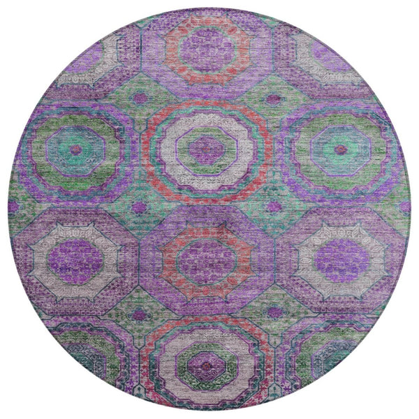 HomeRoots 8' Vibrant Round Geometric Area Rug in Purple, Teal, and Lime Green - Perfect for Indoor/Outdoor Use 630203