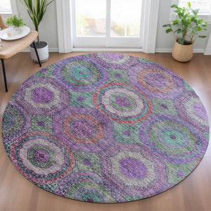 HomeRoots 8' Vibrant Round Geometric Area Rug in Purple, Teal, and Lime Green - Perfect for Indoor/Outdoor Use 630203