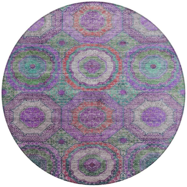HomeRoots 8' Vibrant Round Geometric Area Rug in Purple, Teal, and Lime Green - Perfect for Indoor/Outdoor Use 630203
