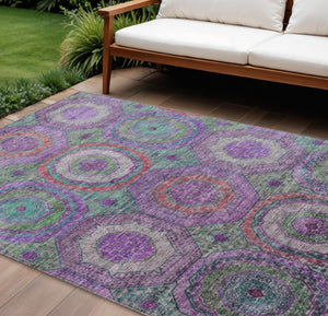 HomeRoots 9' Vibrant Geometric Area Rug in Purple, Teal, Blue & Lime Green - Washable & Durable for Indoor/Outdoor Use 630205