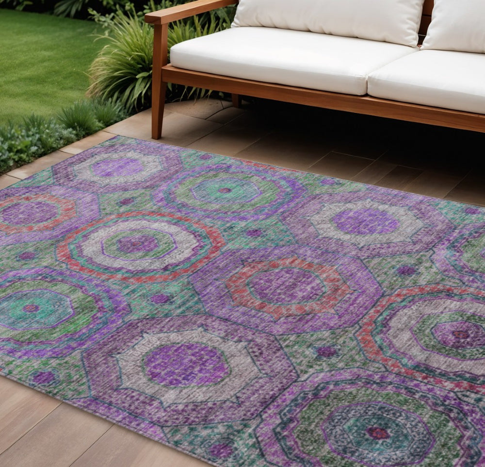 HomeRoots 10' Geometric Washable Area Rug in Purple, Teal & Lime Green – Perfect for Indoors & Outdoors! 630206