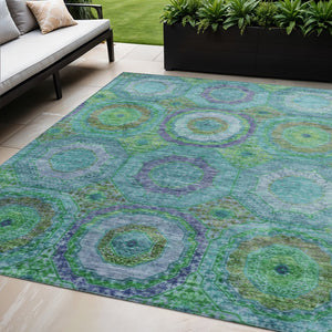 HomeRoots 5' X 8' Vibrant Geometric Area Rug in Teal, Lime Green & Purple - Washable for Indoor & Outdoor Use 630208