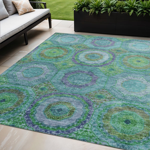 HomeRoots 5' X 8' Vibrant Geometric Area Rug in Teal, Lime Green & Purple - Washable for Indoor & Outdoor Use 630208