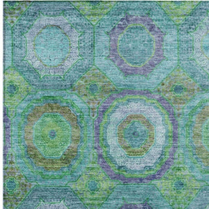 HomeRoots 5' X 8' Vibrant Geometric Area Rug in Teal, Lime Green & Purple - Washable for Indoor & Outdoor Use 630208