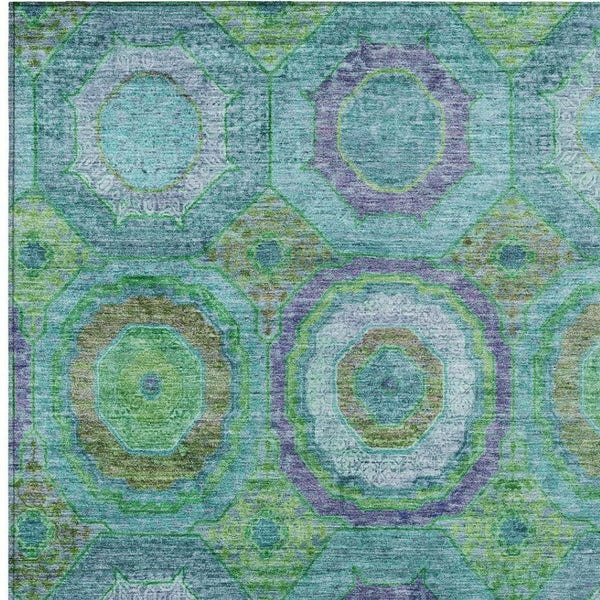 HomeRoots 5' X 8' Vibrant Geometric Area Rug in Teal, Lime Green & Purple - Washable for Indoor & Outdoor Use 630208