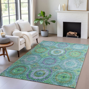HomeRoots 5' X 8' Vibrant Geometric Area Rug in Teal, Lime Green & Purple - Washable for Indoor & Outdoor Use 630208