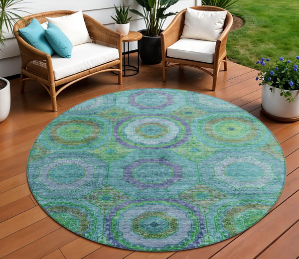 HomeRoots 8' Vibrant Teal Blue, Lime Green & Purple Round Geometric Rug - Washable Indoor/Outdoor Accent! 630209