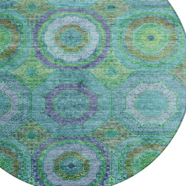 HomeRoots 8' Vibrant Teal Blue, Lime Green & Purple Round Geometric Rug - Washable Indoor/Outdoor Accent! 630209