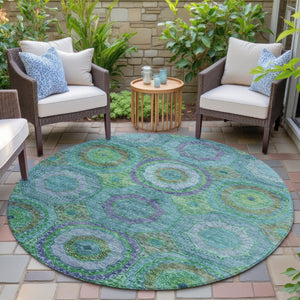 HomeRoots 8' Vibrant Teal Blue, Lime Green & Purple Round Geometric Rug - Washable Indoor/Outdoor Accent! 630209