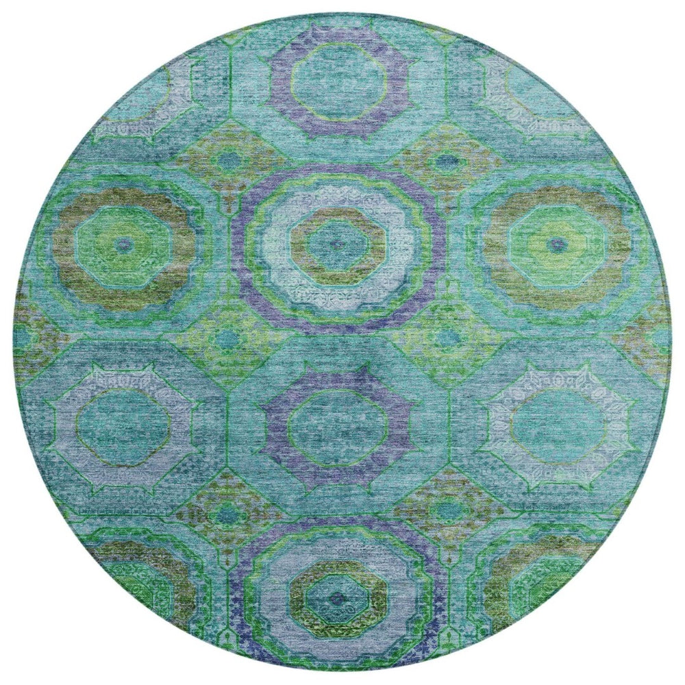 HomeRoots 8' Vibrant Teal Blue, Lime Green & Purple Round Geometric Rug - Washable Indoor/Outdoor Accent! 630209