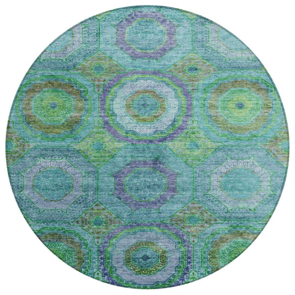 HomeRoots 8' Vibrant Teal Blue, Lime Green & Purple Round Geometric Rug - Washable Indoor/Outdoor Accent! 630209