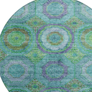 HomeRoots 8' Vibrant Teal Blue, Lime Green & Purple Round Geometric Rug - Washable Indoor/Outdoor Accent! 630209