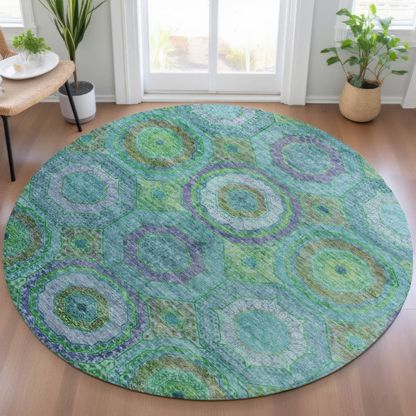 HomeRoots 8' Vibrant Teal Blue, Lime Green & Purple Round Geometric Rug - Washable Indoor/Outdoor Accent! 630209