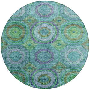 HomeRoots 8' Vibrant Teal Blue, Lime Green & Purple Round Geometric Rug - Washable Indoor/Outdoor Accent! 630209