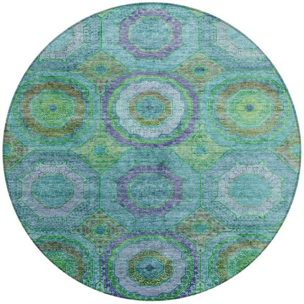 HomeRoots 8' Vibrant Teal Blue, Lime Green & Purple Round Geometric Rug - Washable Indoor/Outdoor Accent! 630209