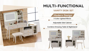 English Elm Modern Makeup Vanity Desk with LED 3-Color Mirror, Built-In Power Station, Sliding Cabinet, Stool White N844P288432A