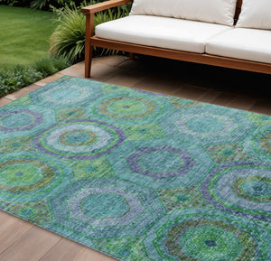 HomeRoots 8' X 10' Vibrant Geometric Area Rug in Teal, Lime Green & Purple - Durable, Washable, Indoor/Outdoor Use 630210