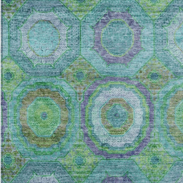 HomeRoots 8' X 10' Vibrant Geometric Area Rug in Teal, Lime Green & Purple - Durable, Washable, Indoor/Outdoor Use 630210
