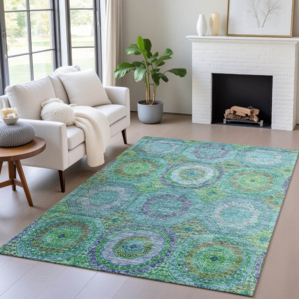 HomeRoots 8' X 10' Vibrant Geometric Area Rug in Teal, Lime Green & Purple - Durable, Washable, Indoor/Outdoor Use 630210