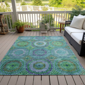 HomeRoots 8' X 10' Vibrant Geometric Area Rug in Teal, Lime Green & Purple - Durable, Washable, Indoor/Outdoor Use 630210