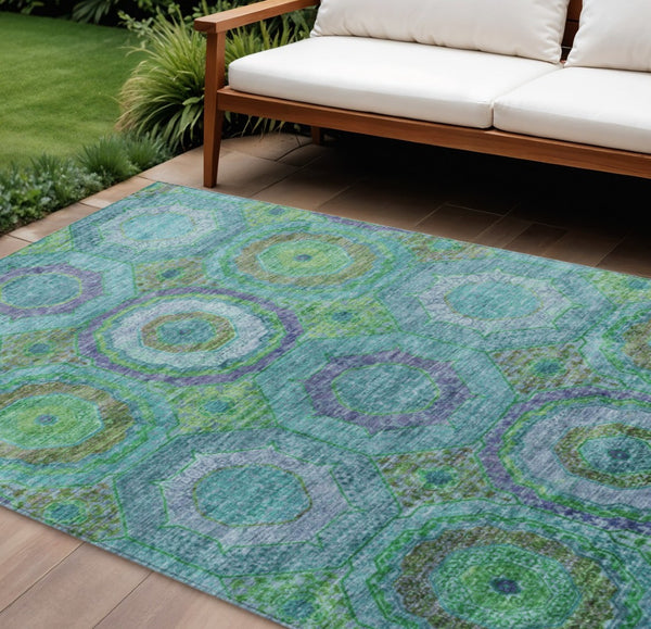 HomeRoots 9' X 12' Vibrant Geometric Area Rug in Teal, Lime, and Purple – Washable for Indoor & Outdoor Use! 630211