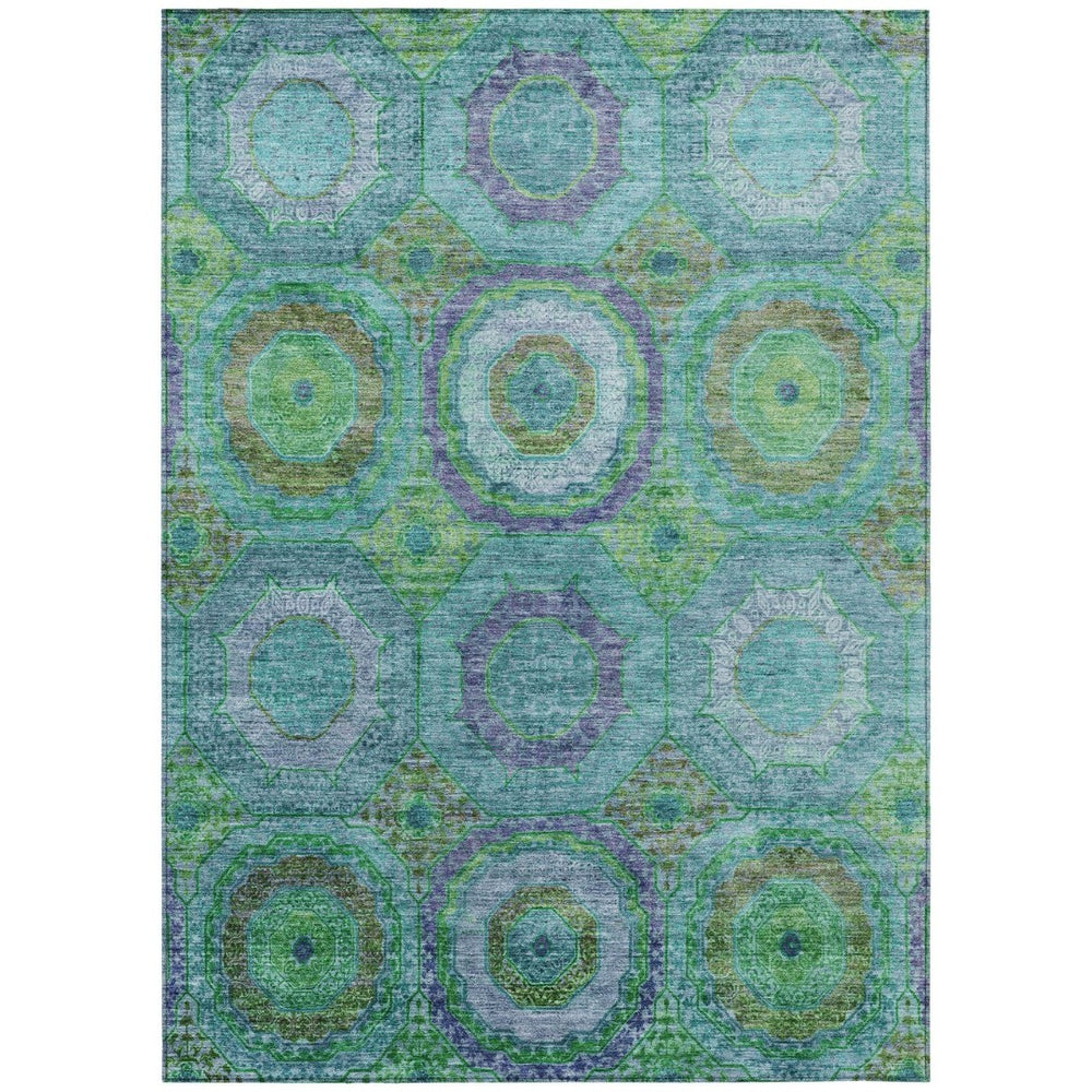 HomeRoots 10' Vibrant Teal Blue and Lime Green Geometric Indoor/Outdoor Washable Area Rug for All Spaces 630212