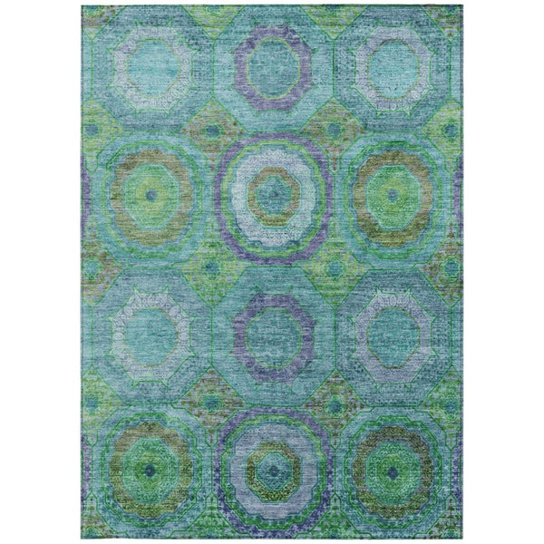 HomeRoots 10' Vibrant Teal Blue and Lime Green Geometric Indoor/Outdoor Washable Area Rug for All Spaces 630212