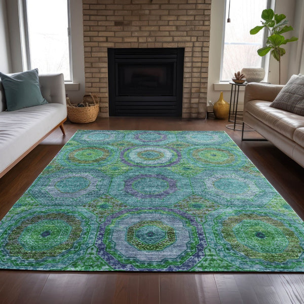 HomeRoots 10' Vibrant Teal Blue and Lime Green Geometric Indoor/Outdoor Washable Area Rug for All Spaces 630212