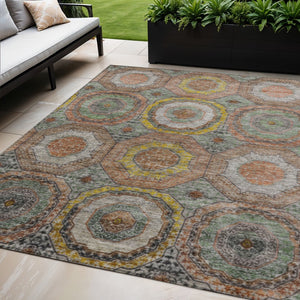 HomeRoots 5' X 8' Sage Copper & Gold Geometric Area Rug - Washable, Durable Design for Indoor/Outdoor Use! 630214