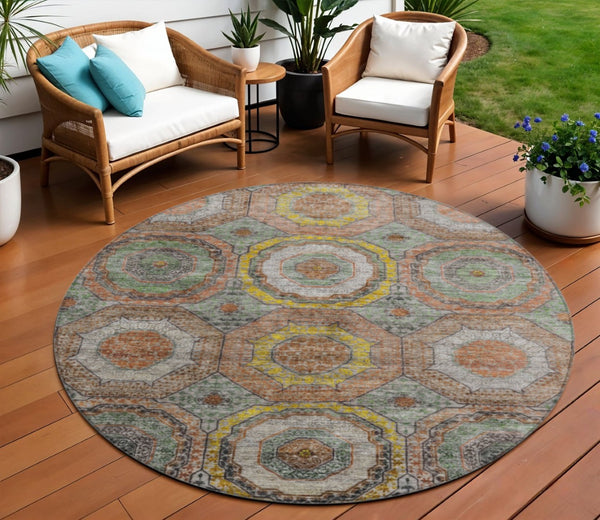HomeRoots 8' Modern Geometric Round Rug in Sage, Copper & Gold - Washable, Durable for Indoor/Outdoor Use 630215