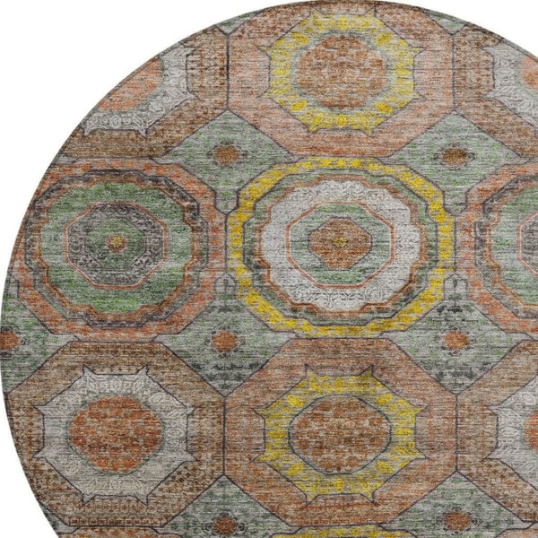 HomeRoots 8' Modern Geometric Round Rug in Sage, Copper & Gold - Washable, Durable for Indoor/Outdoor Use 630215