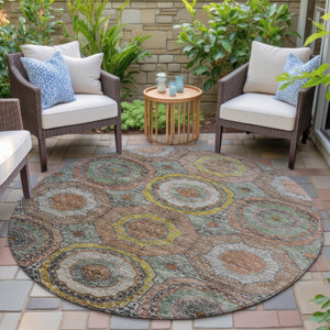 HomeRoots 8' Modern Geometric Round Rug in Sage, Copper & Gold - Washable, Durable for Indoor/Outdoor Use 630215