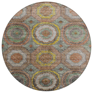HomeRoots 8' Modern Geometric Round Rug in Sage, Copper & Gold - Washable, Durable for Indoor/Outdoor Use 630215