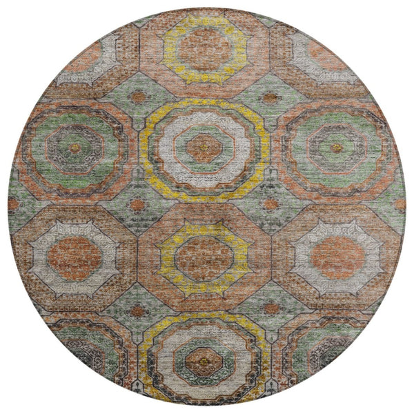 HomeRoots 8' Modern Geometric Round Rug in Sage, Copper & Gold - Washable, Durable for Indoor/Outdoor Use 630215