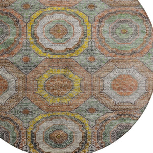 HomeRoots 8' Modern Geometric Round Rug in Sage, Copper & Gold - Washable, Durable for Indoor/Outdoor Use 630215