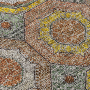HomeRoots 8' Modern Geometric Round Rug in Sage, Copper & Gold - Washable, Durable for Indoor/Outdoor Use 630215