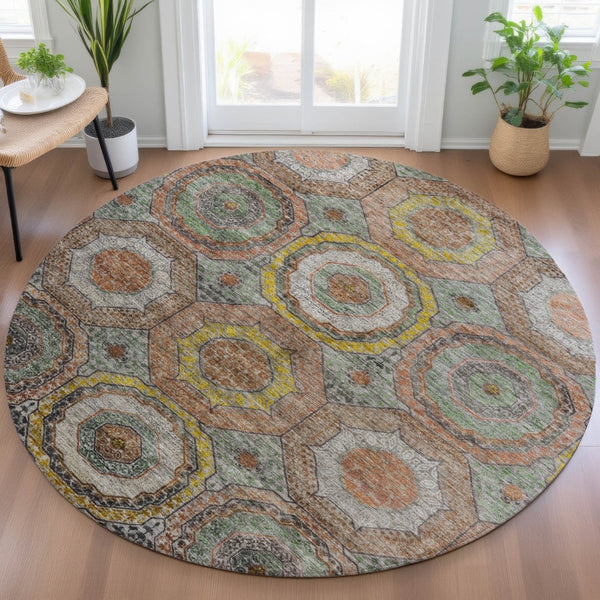 HomeRoots 8' Modern Geometric Round Rug in Sage, Copper & Gold - Washable, Durable for Indoor/Outdoor Use 630215