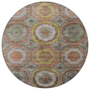 HomeRoots 8' Modern Geometric Round Rug in Sage, Copper & Gold - Washable, Durable for Indoor/Outdoor Use 630215