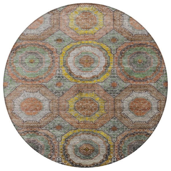 HomeRoots 8' Modern Geometric Round Rug in Sage, Copper & Gold - Washable, Durable for Indoor/Outdoor Use 630215