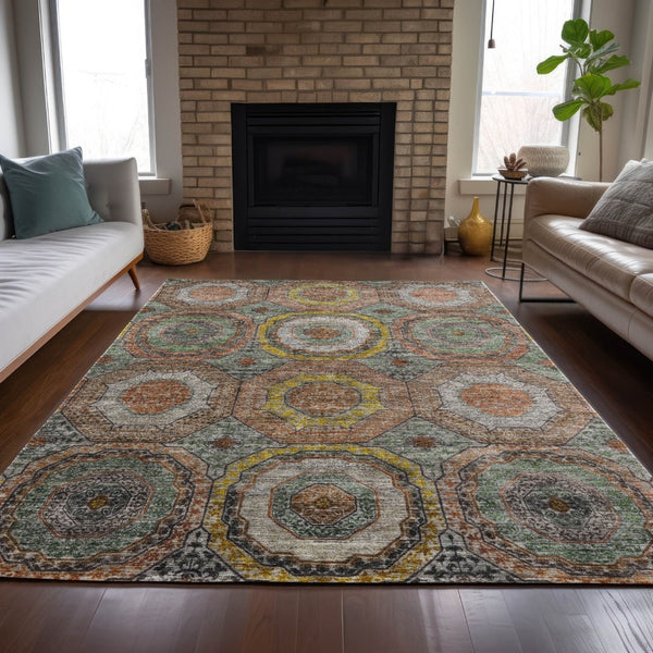 HomeRoots 9' Stylish Sage Copper Gold Geometric Washable Area Rug - Indoor/Outdoor, Durable, Easy to Clean! 630217