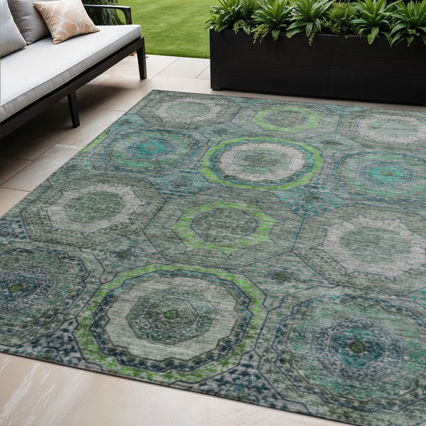 HomeRoots 5' X 8' Vibrant Teal Blue and Lime Green Geometric Washable Area Rug for Indoor & Outdoor Use 630220