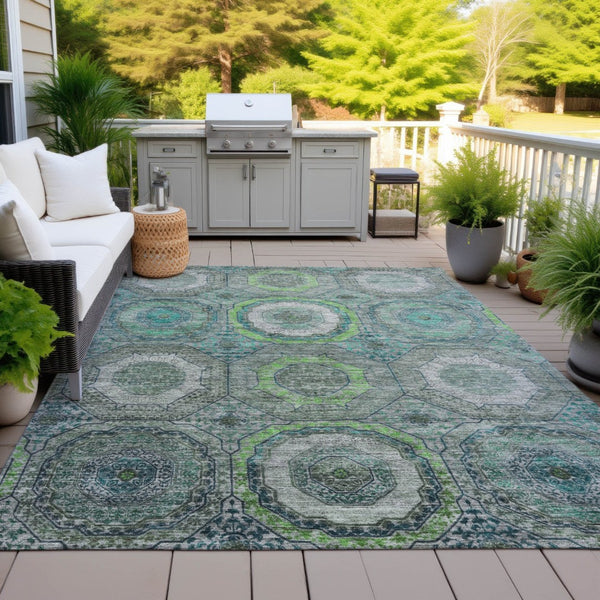HomeRoots 5' X 8' Vibrant Teal Blue and Lime Green Geometric Washable Area Rug for Indoor & Outdoor Use 630220