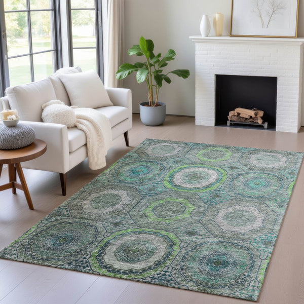 HomeRoots 5' X 8' Vibrant Teal Blue and Lime Green Geometric Washable Area Rug for Indoor & Outdoor Use 630220