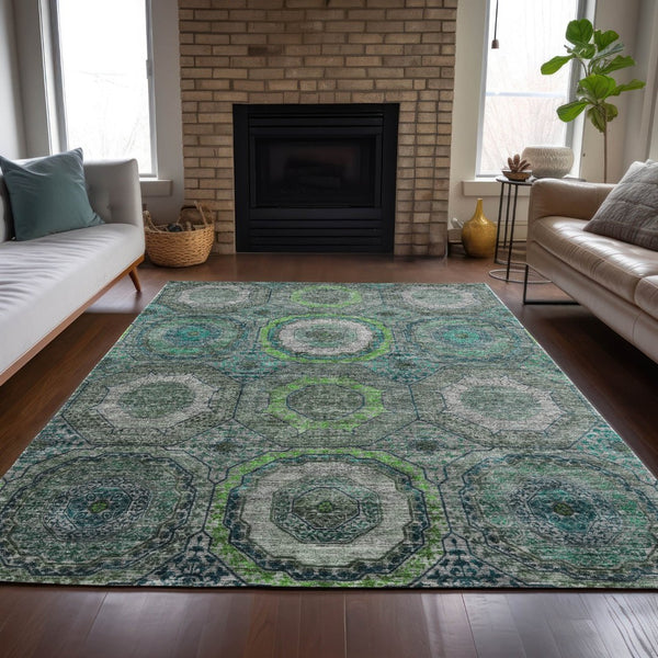 HomeRoots 5' X 8' Vibrant Teal Blue and Lime Green Geometric Washable Area Rug for Indoor & Outdoor Use 630220