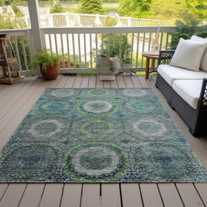 HomeRoots 5' X 8' Vibrant Teal Blue and Lime Green Geometric Washable Area Rug for Indoor & Outdoor Use 630220