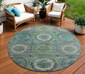 HomeRoots 8' Modern Geometric Teal Blue, Lime Green & Charcoal Washable Round Area Rug for Indoor/Outdoor Use 630221